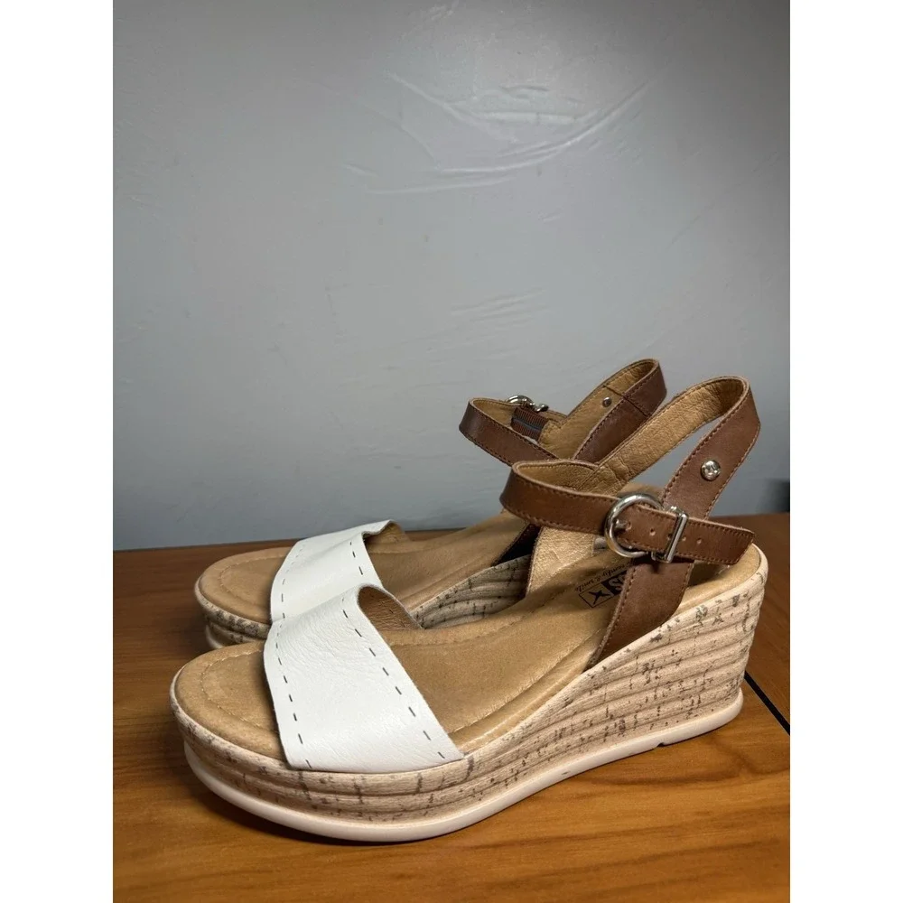 Pikolinos Mykonos Wedge Sandal Leather‎ Brown White Neutral Comfort Spain 38/7.5
